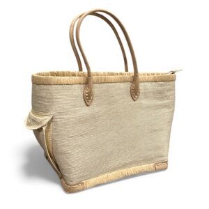 Tommy Bahama Elegant Ivory & Metallic Gold Raffia & Leather Handles Tote Bag